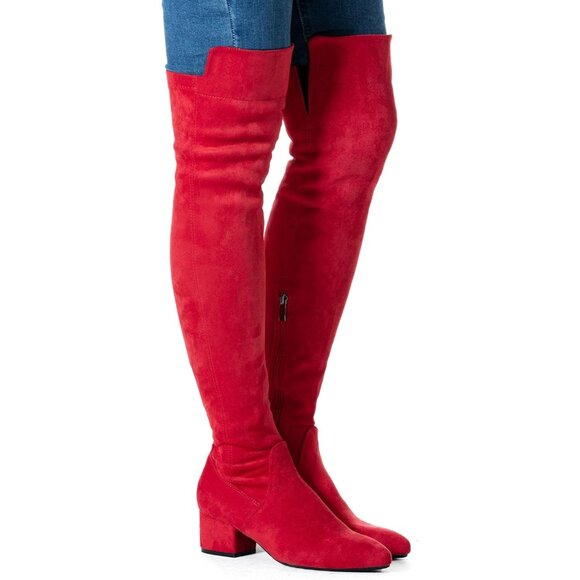 Women Red\2Inch Suede Over the Knee Thigh High Chunky Block Heel Winter Boots - Picture 5 of 5